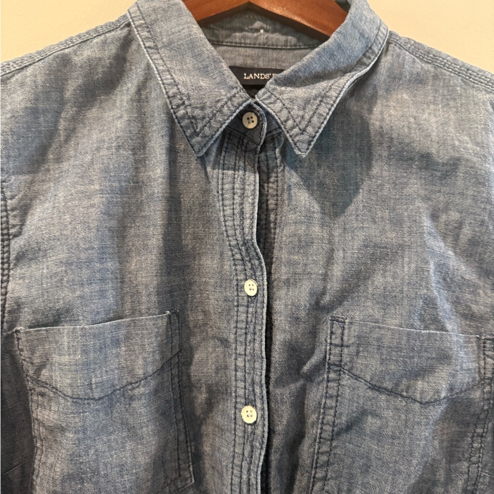 Lands' End Women’s Casual Blue Button Down Denim Shirt Size 12P - Picture 2 of 5